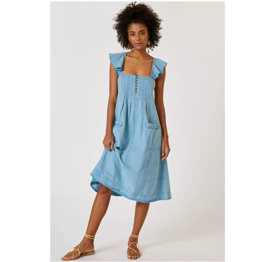 New Anthropologie Pilcro Flutter Sleeve Midi Dress $160 X-SMALL Blue